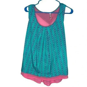 Lovemarks tank top blouse shirt size Large Green Pink Birds semi-sheer
